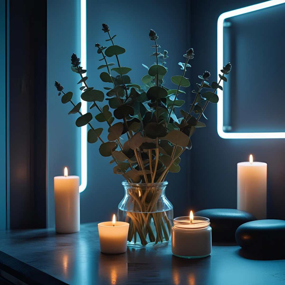 A calming spa-inspired scene with lit candles, smooth black stones, and a glass vase of fresh eucalyptus. The soft glow of candlelight against a modern neon backdrop reflects the relaxing, self-care vibe of the Dirty Little Suds Wellness Collection.