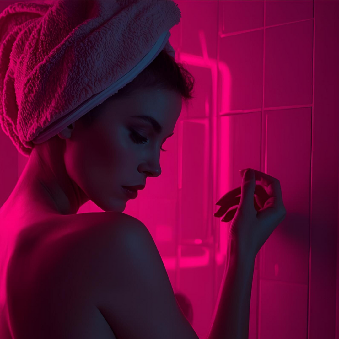 Rows of body care bottles from Dirty Little Suds. The setup highlights lotions, creams, and body products in sleek pump bottles and tubes, styled with a bold retro vibe that captures the brand’s signature pin-up aesthetic.