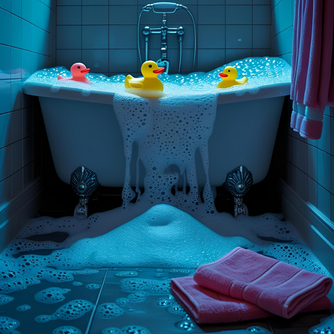 Dirty Little Suds Kids Collection – playful bubble-filled bathtub overflowing with suds, surrounded by rubber ducks and bright pink towels. A fun, colorful scene that captures the excitement of bath time with fizzy bath bombs and bubbly creations.