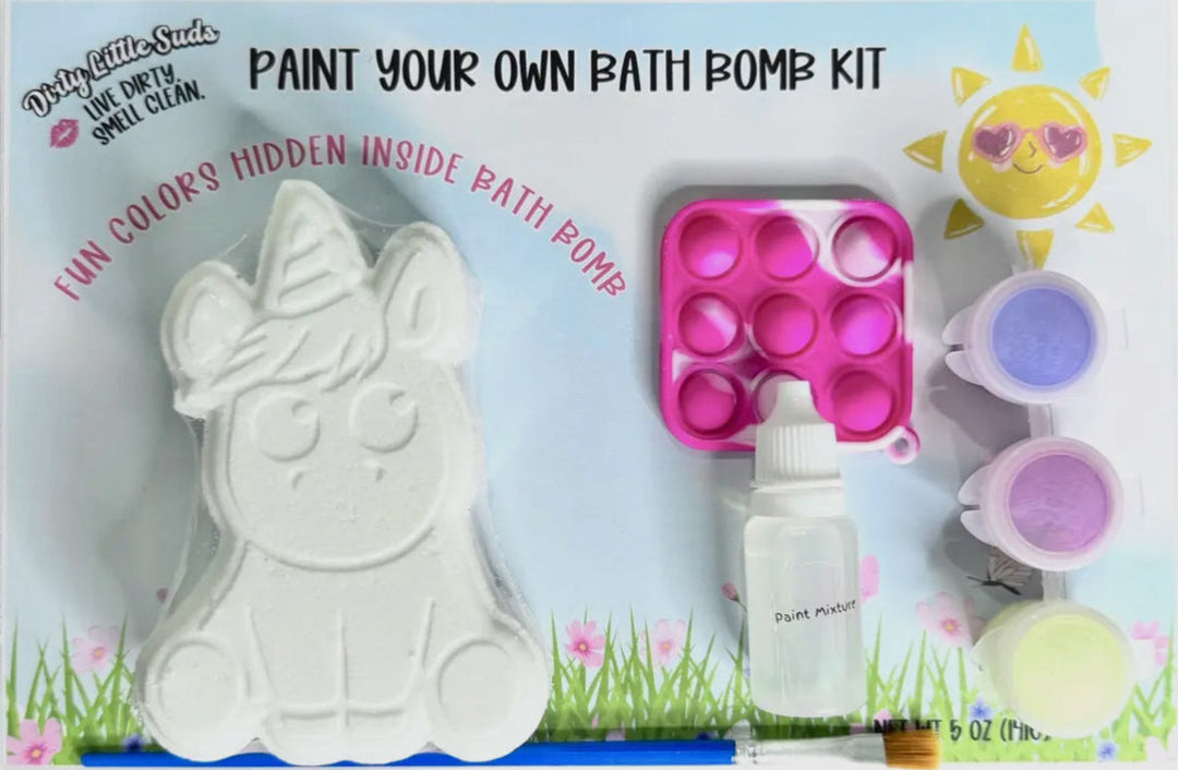Unicorn Paint Your Own Bath Bomb Kit with bath bomb, paint pots, brush, dropper, and pink pop-it toy