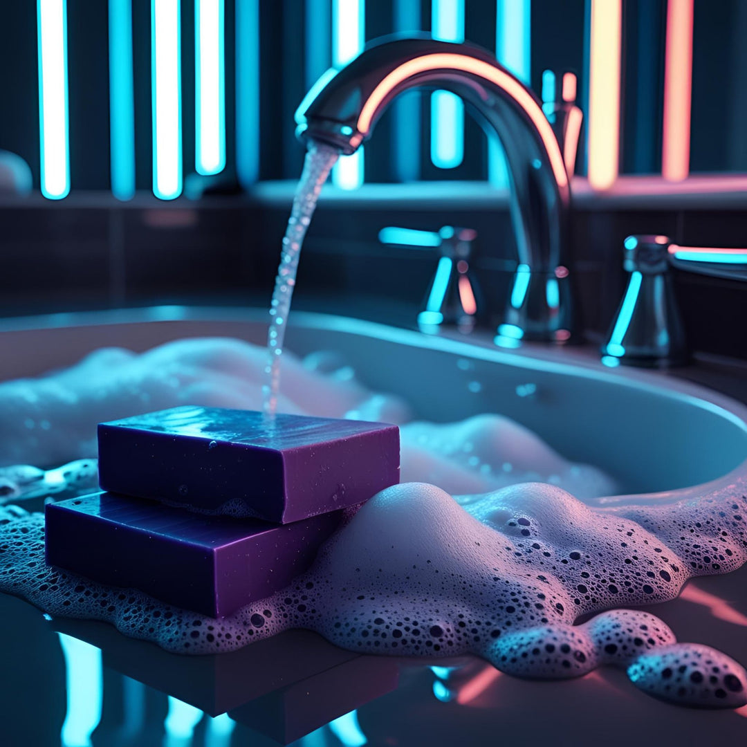 Dirty Little Suds handmade cold process soaps — artisan rainbow, lemonade, pink swirl, and charcoal soap bars.