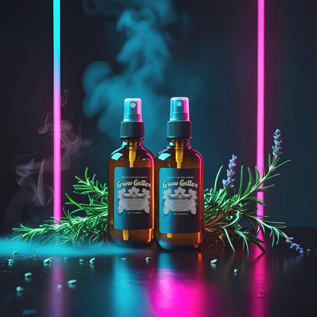 Grow Getter Revitalizing Scalp Mist bottles styled with fresh rosemary and lavender under neon pink and turquoise lights, moody dark background with glowing mist.