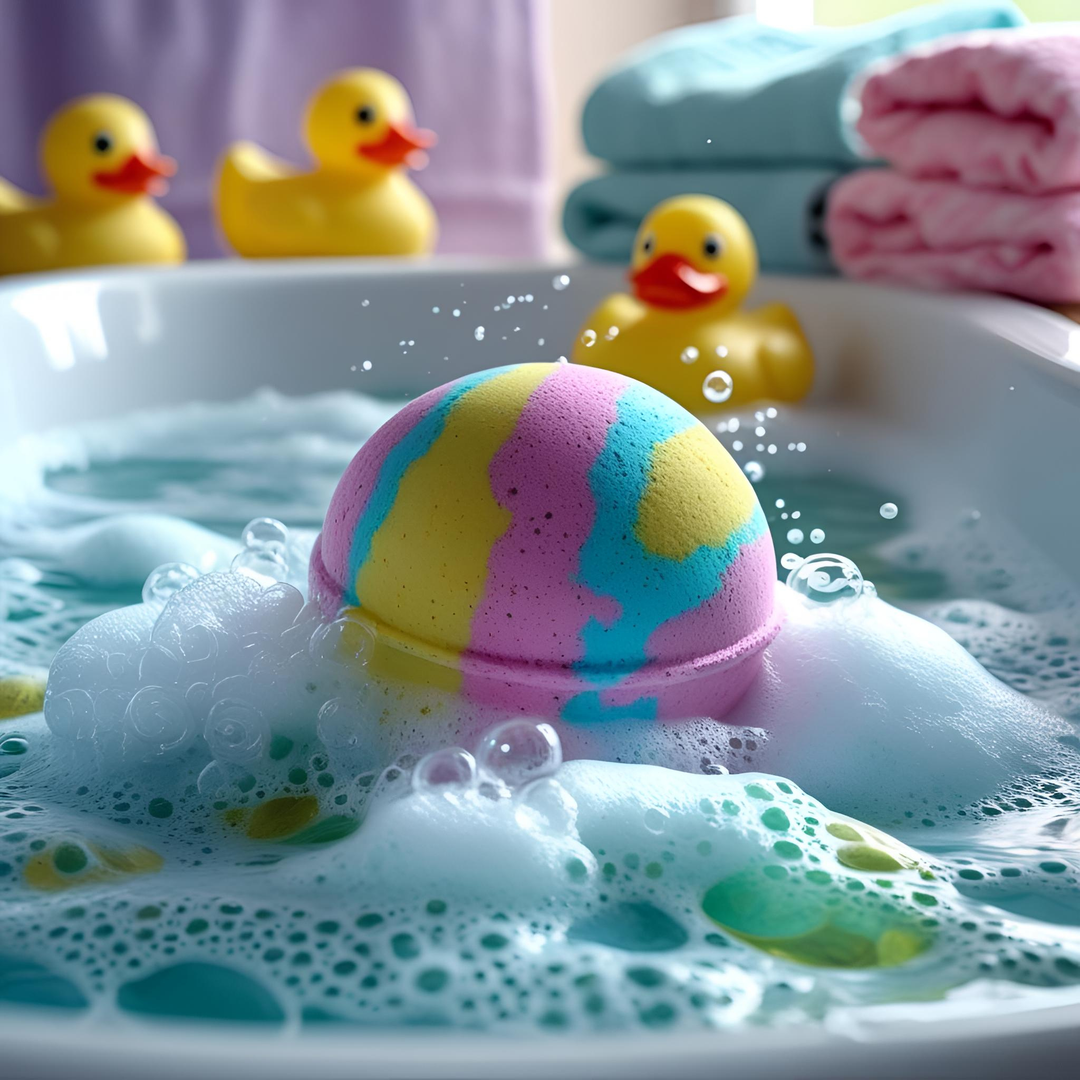 Colorful kids bath bomb fizzing in a bubbly bathtub with rubber duckies and folded pastel towels in the background, Dirty Little Suds Kids Bath Bomb Collection