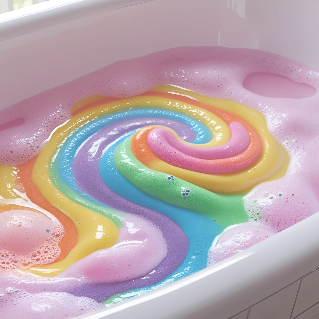 Colorful rainbow swirls of fizzing bath foam floating in a bathtub, showcasing the magical effect of Dirty Little Suds Magic Bath Bomb Wand Collection.