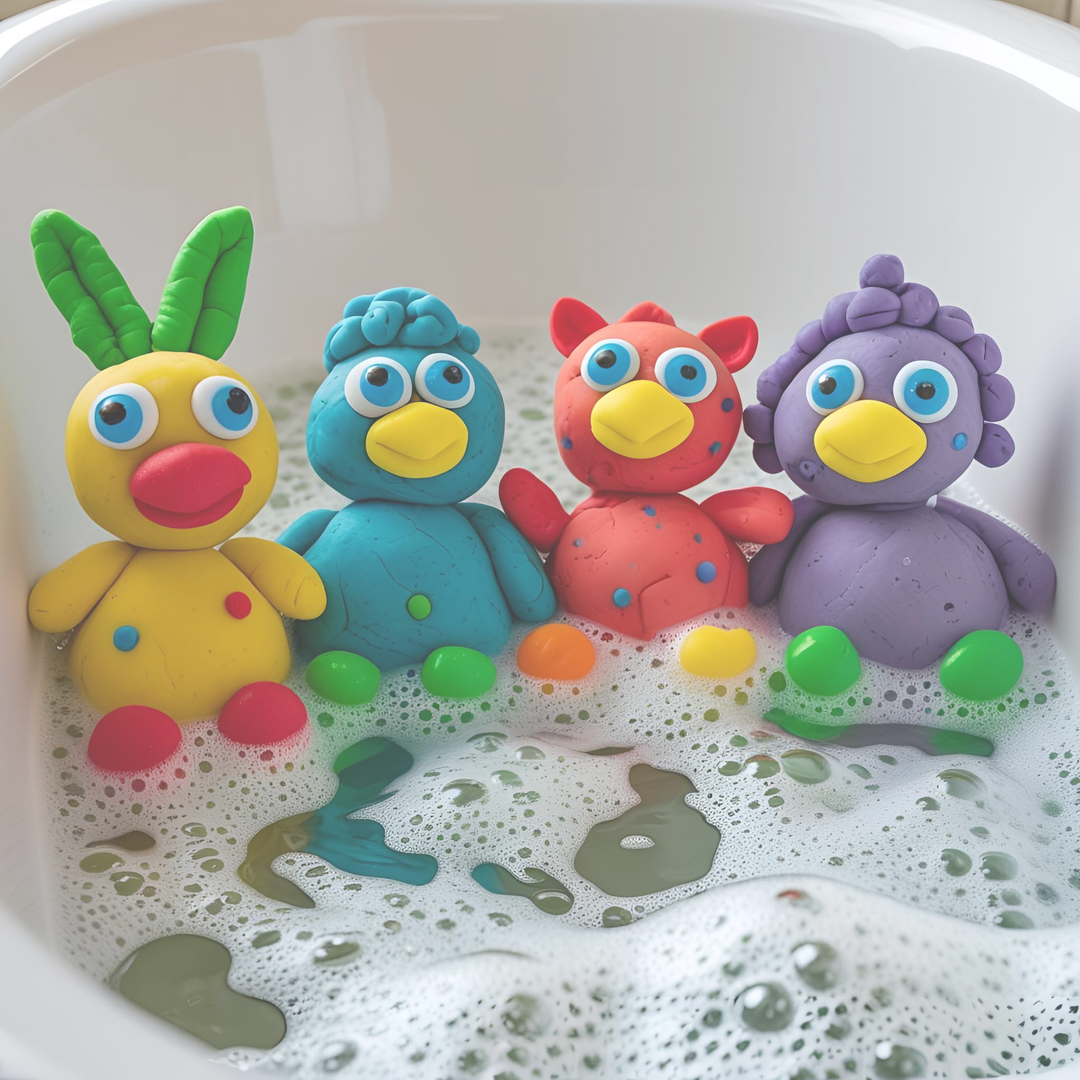Dirty Little Suds colorful bubble bath playdough figures sitting in a foamy tub, bright and fun kids bath toy collection image.