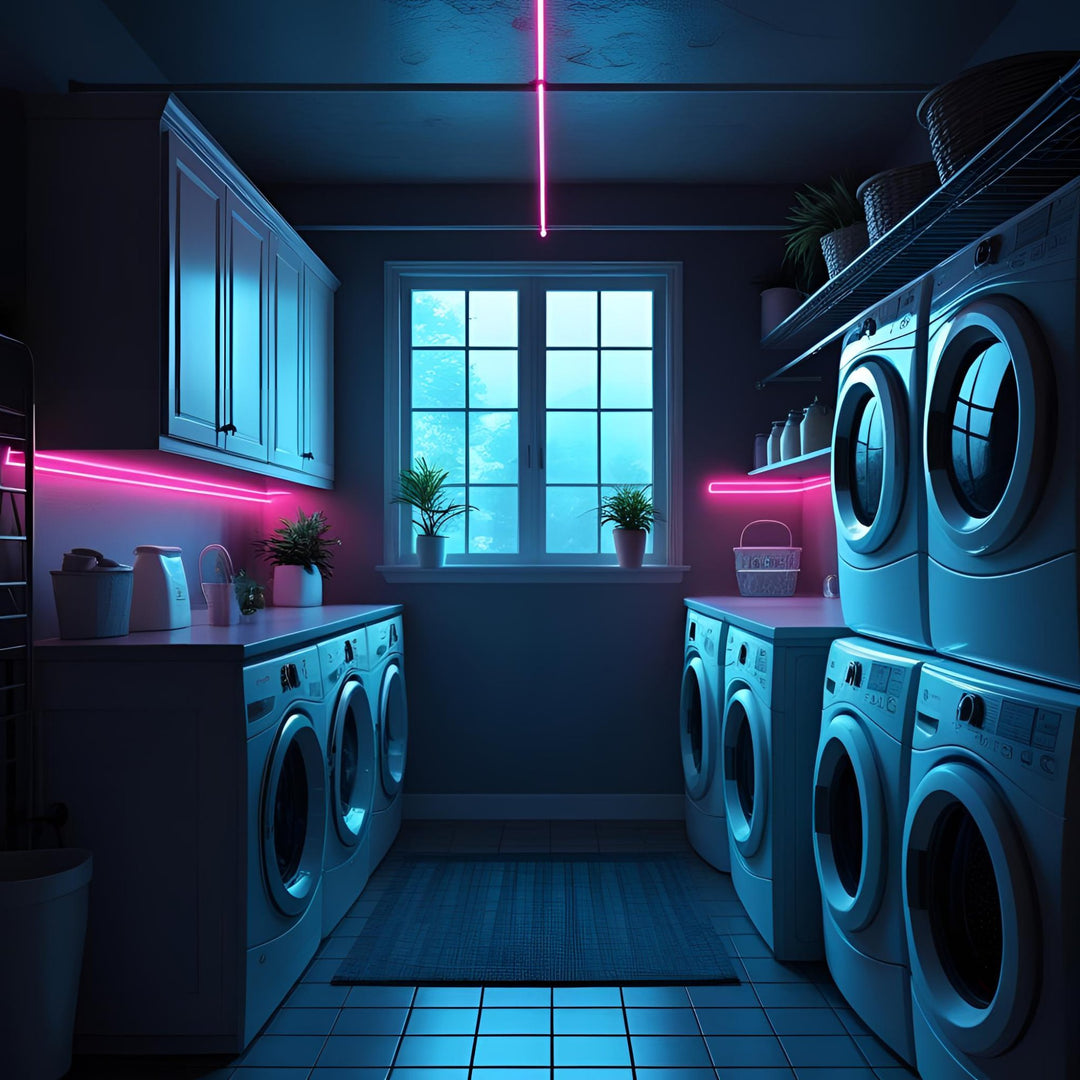 Dirty Little Suds Home & Laundry Collection – neon-lit laundry room with washers, dryers, and shelves of essentials. Fresh, bold, and practical products designed to keep clothes, linens, and home spaces clean with signature Dirty Little Suds style.