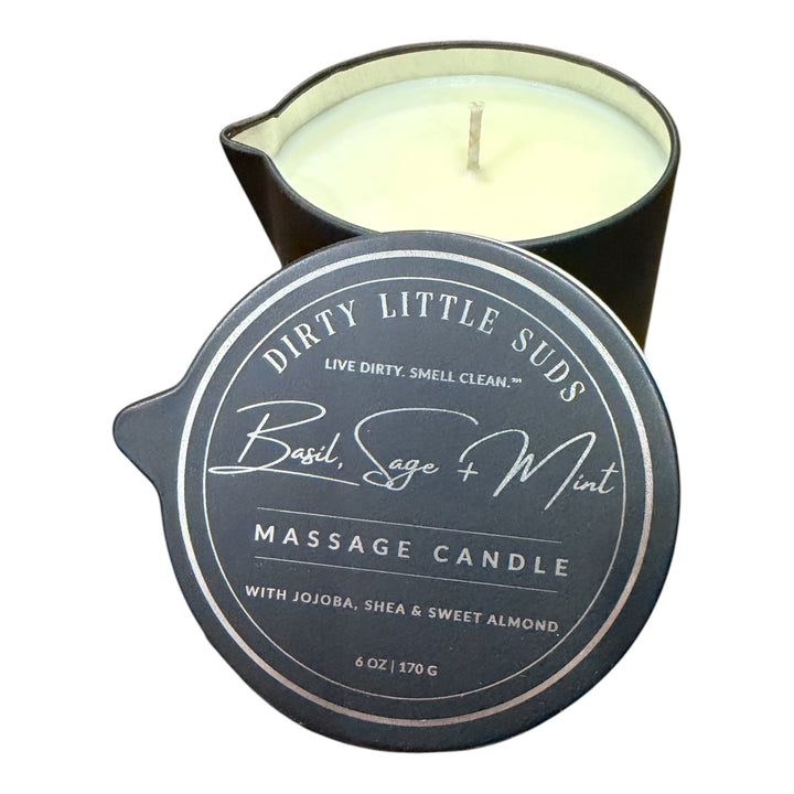 Dirty Little Suds Basil, Sage + Mint 6 oz massage candle with pour spout