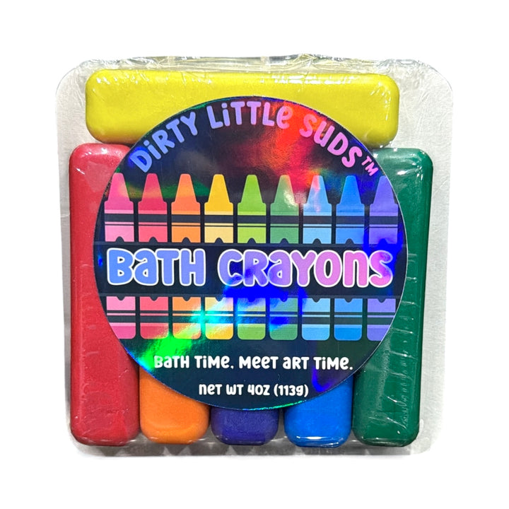 A 6-pack of colorful Dirty Little Suds Bath Crayons in red, orange, yellow, blue, and green, labeled “Bath Time. Meet Art Time.” in holographic packaging.