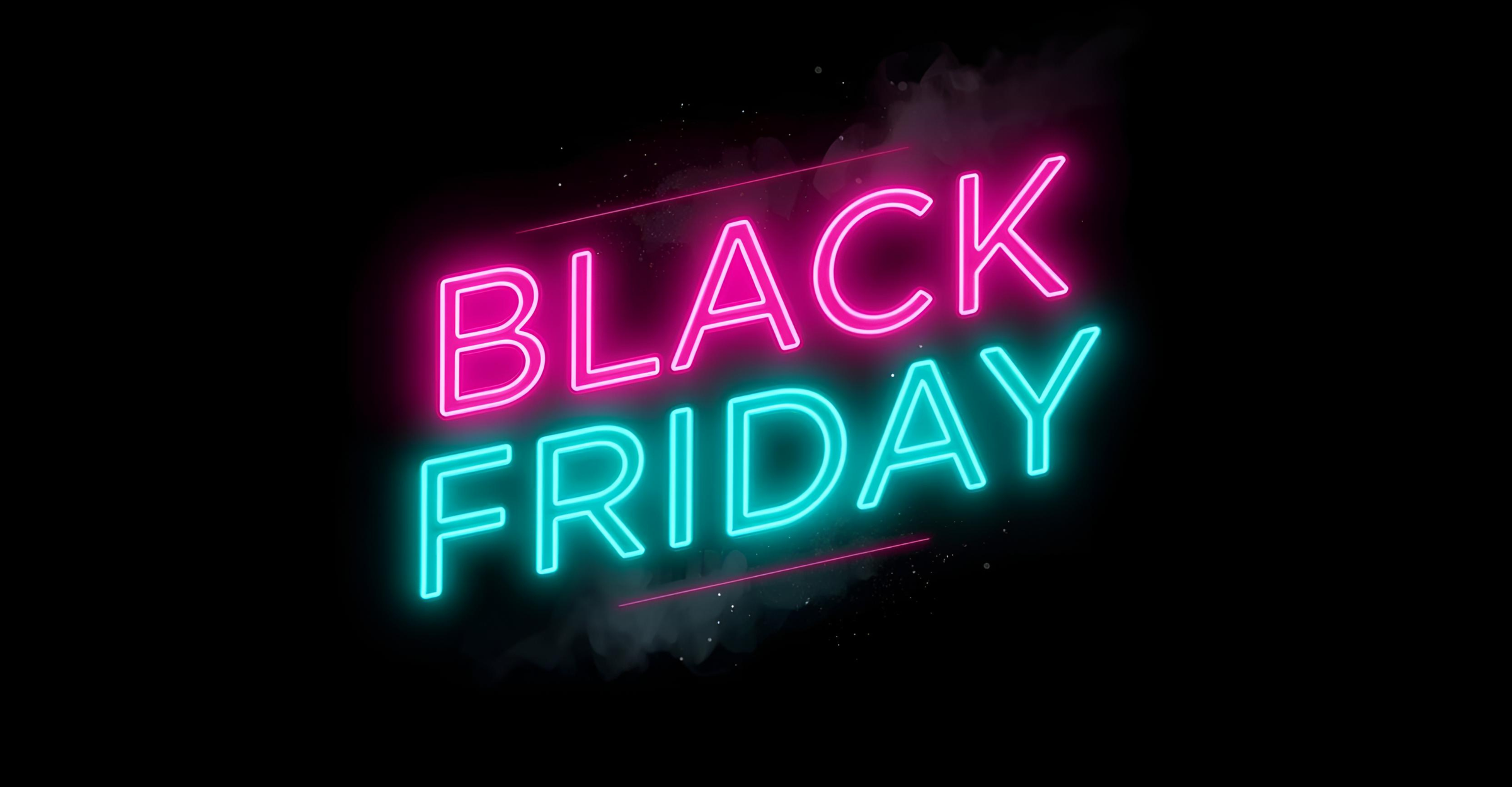 Neon pink and turquoise “Black Friday” glowing sign on a black background with smoky light effects | Dirty Little Suds