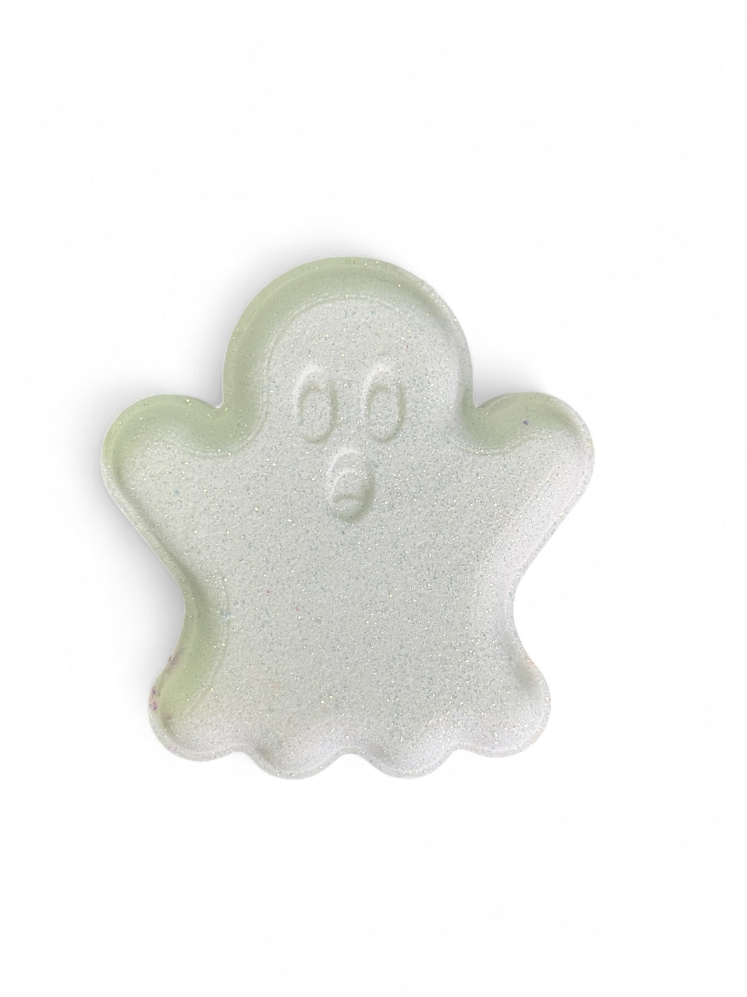 Ghost-shaped Halloween bath bomb with shimmer finish and hidden colorful embeds – Dirty Little Suds Boo Thang