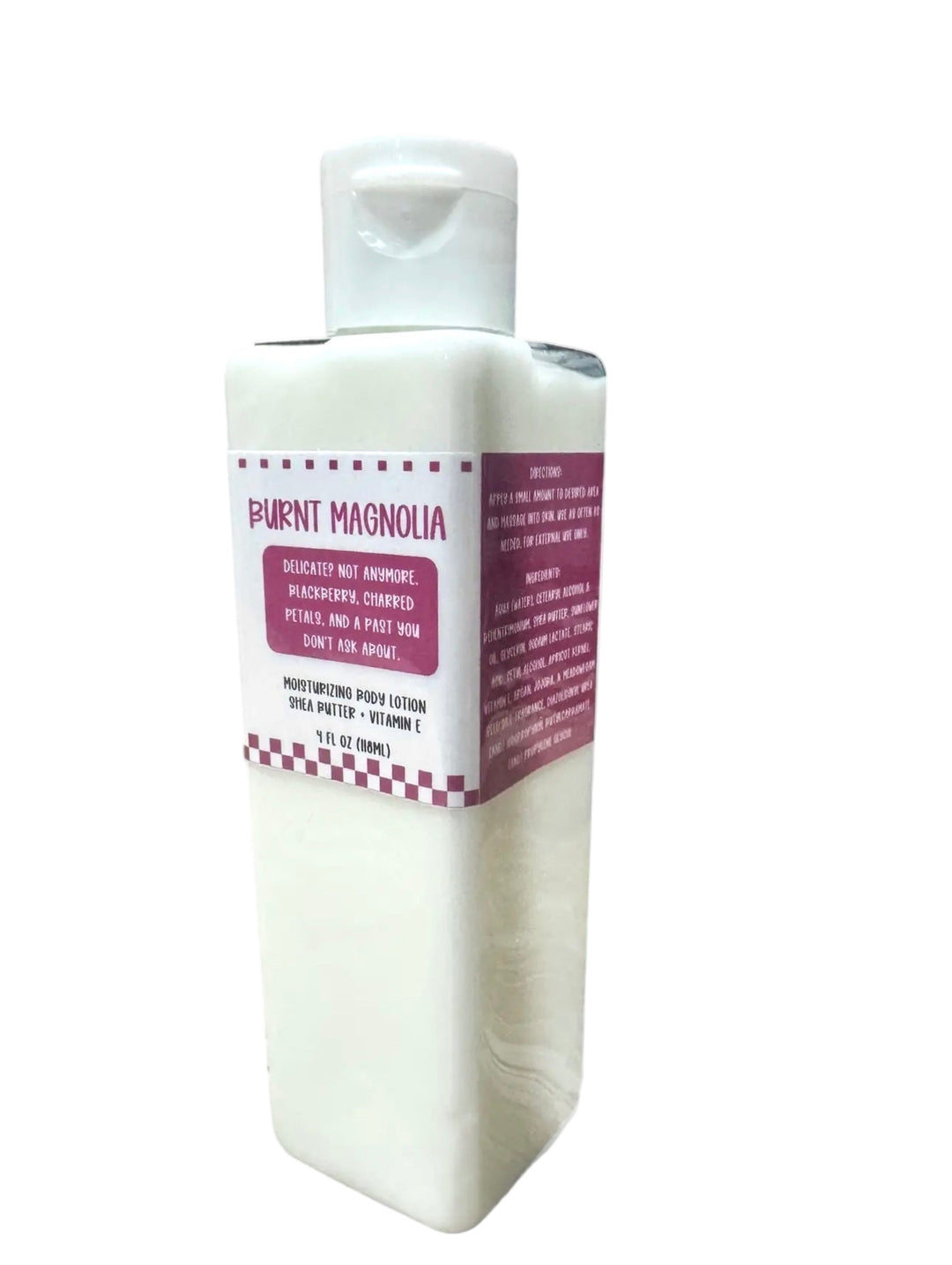 White background product photo of Dirty Little Suds Burnt Magnolia Moisturizing Body Lotion, available in 4oz and 8oz sizes. Shea butter + vitamin E lotion with a bold, sweet blend of berries and velvety petals.
