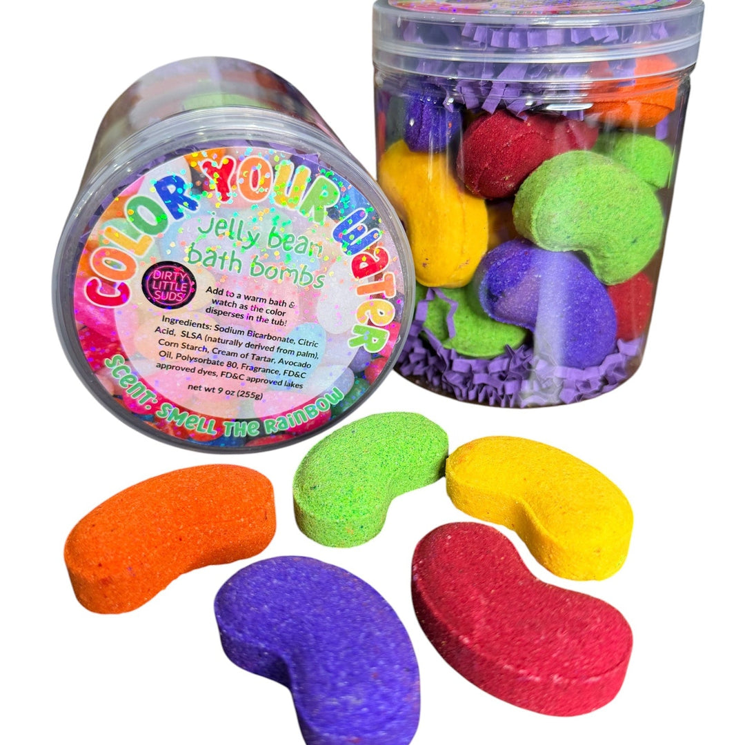 Jar of colorful jelly bean bath bomb refills from Dirty Little Suds