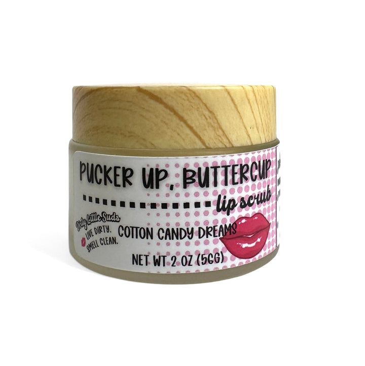 Dirty Little Suds “Pucker Up, Buttercup” Cotton Candy Dreams sugar lip scrub (2 oz). Gentle lip exfoliator that smooths flakes and hydrates for soft, glossy lips; coconut oil, shea butter, almond oil, vitamin E.