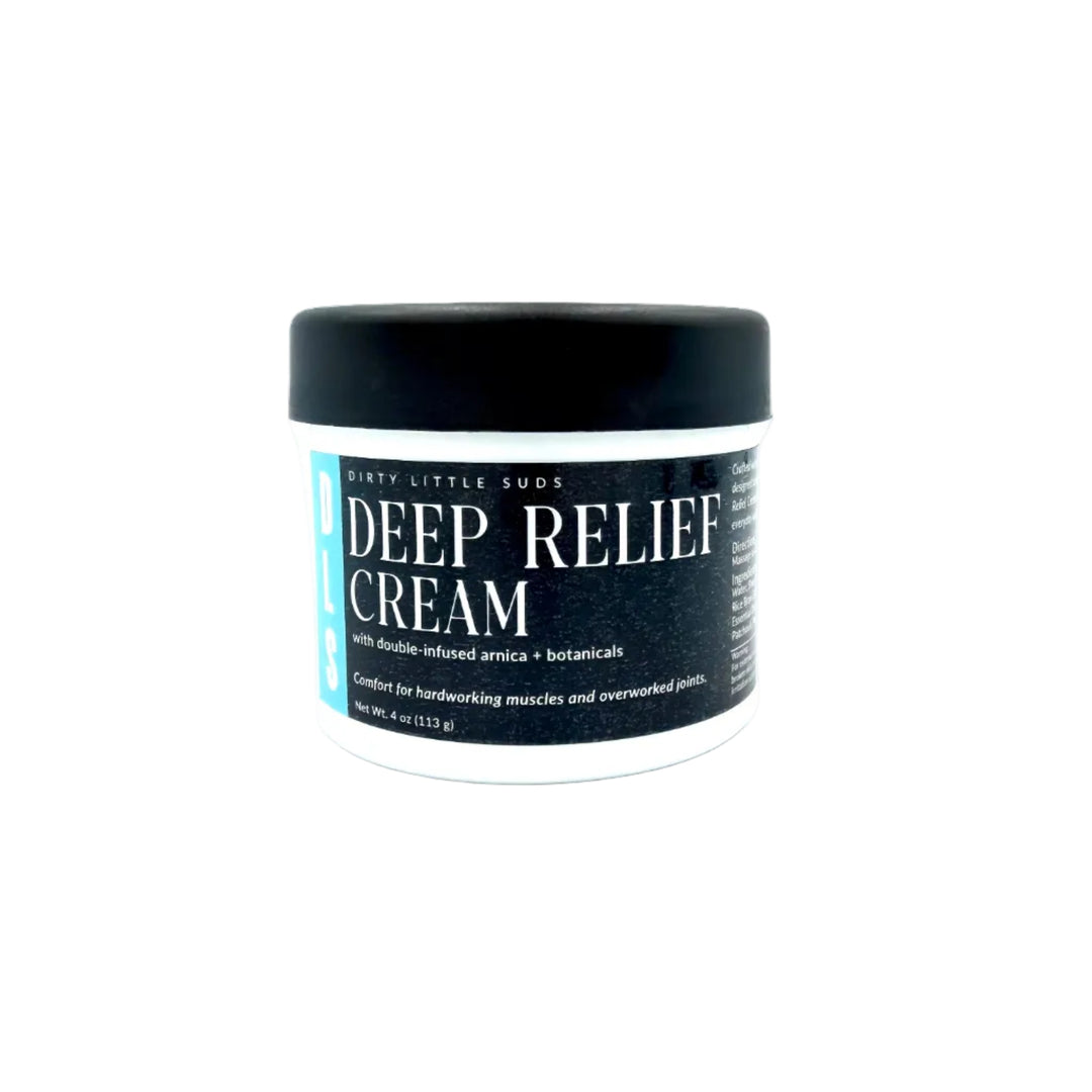 Deep Relief Cream by Dirty Little Suds in a 4 oz jar with double-infused arnica, botanicals, and essential oils for hardworking muscles and overworked joints.