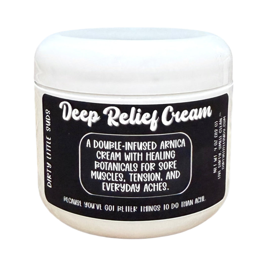 Dirty Little Suds Deep Relief Cream jar – double-infused arnica and healing botanicals for sore muscles.