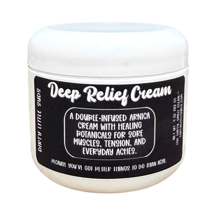 Dirty Little Suds Deep Relief Cream jar – double-infused arnica and healing botanicals for sore muscles.