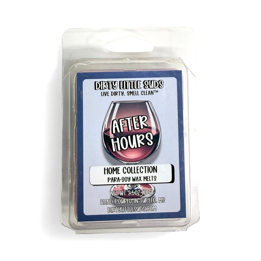 Clamshell pack of Dirty Little Suds After Hours wax melt with a retro-inspired label. A dark, smooth, and sultry fragrance of apple brandy, warm oak, cinnamon, and creamy vanilla for a sophisticated late-night vibe.