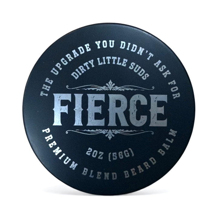 Dirty Little Suds Fierce Beard Balm tin in matte black finish. Bold citrus and wood scent in a non-greasy balm built to shape, condition, and control men’s beards.
