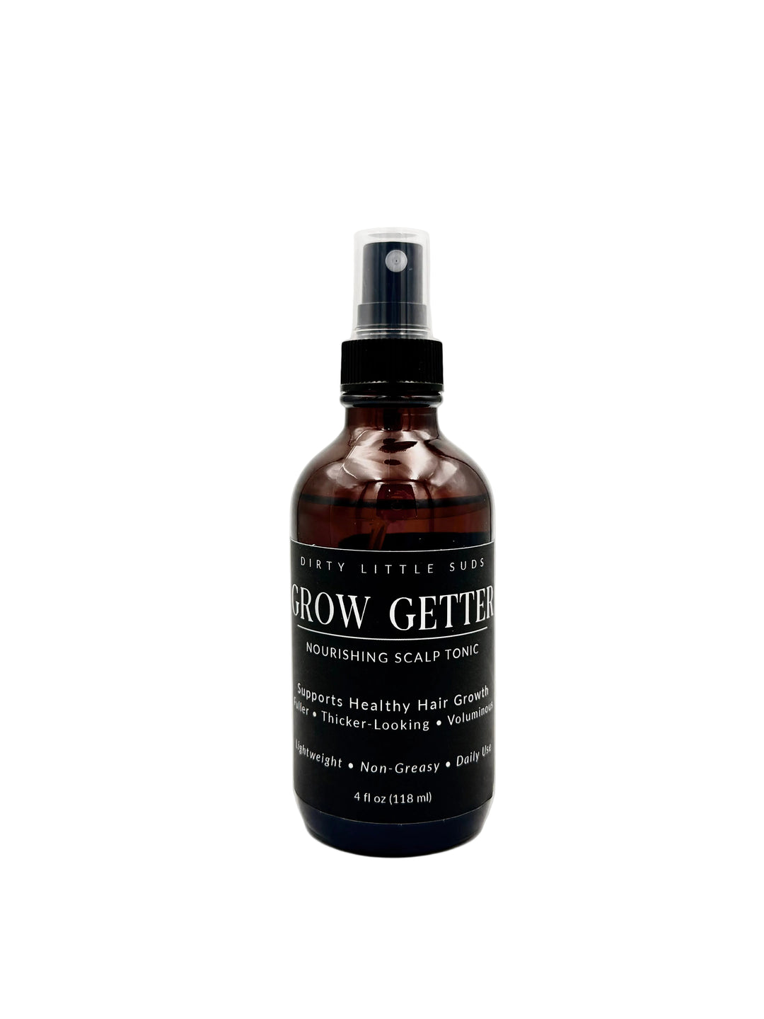 Dirty Little Suds Grow Getter rosemary scalp tonic spray for fuller looking hair and healthy scalp in a glass bottle with a fine mist sprayer.