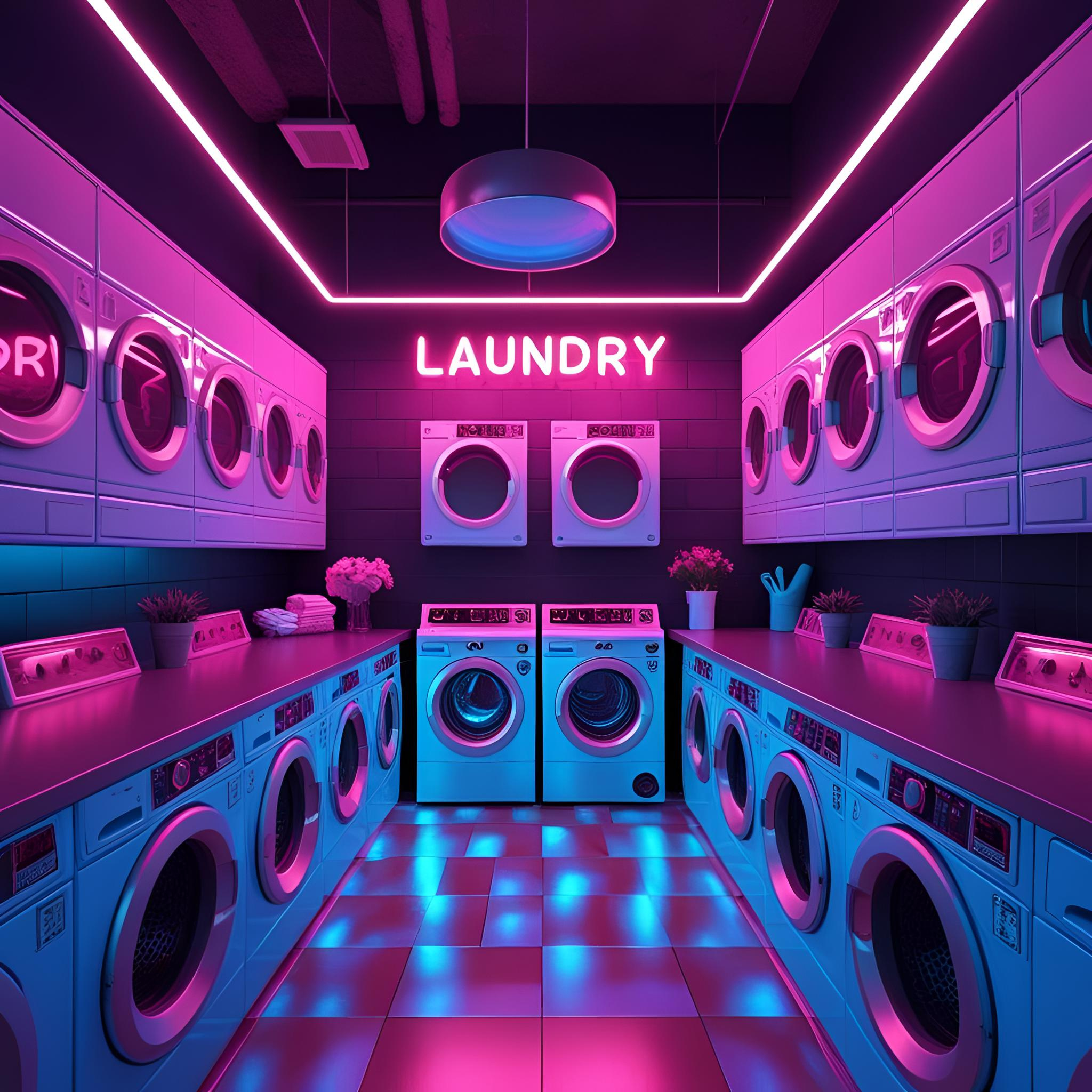 Dirty Little Suds Home & Laundry Collection — neon-lit laundry room with rows of washers and dryers, bold retro glow highlighting cleaning essentials