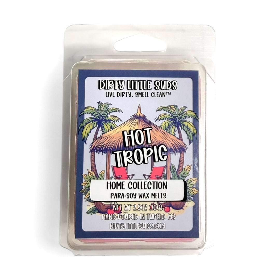 Clamshell pack of Dirty Little Suds Hot Tropic wax melt with a retro-inspired label. A bold, fruity fragrance of ripe cherries and creamy coconut for a sweet, sunny, and playful tropical vibe with a cheeky twist.