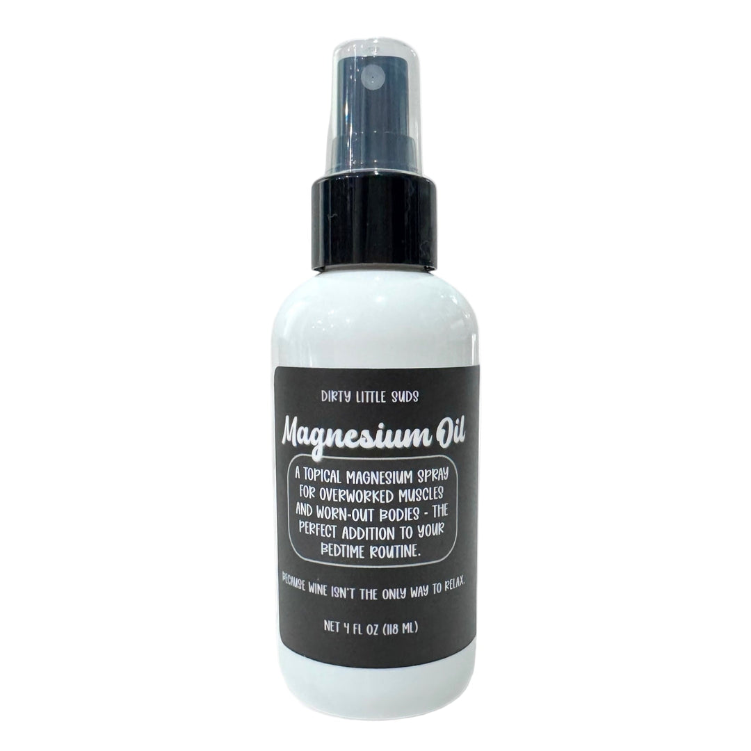 White 4oz bottle of Dirty Little Suds Magnesium Oil spray with black label and spray top. A topical magnesium spray designed for overworked muscles and bedtime relaxation, photographed against a bold colorful background.