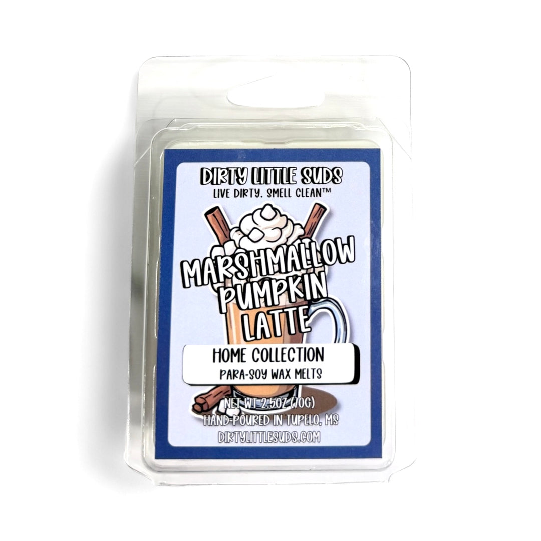 Clamshell pack of Dirty Little Suds Marshmallow Pumpkin Latte wax melt with a retro-inspired label. A cozy gourmand fragrance blending pumpkin spice, creamy marshmallow, and rich latte sweetness for the perfect autumn treat.