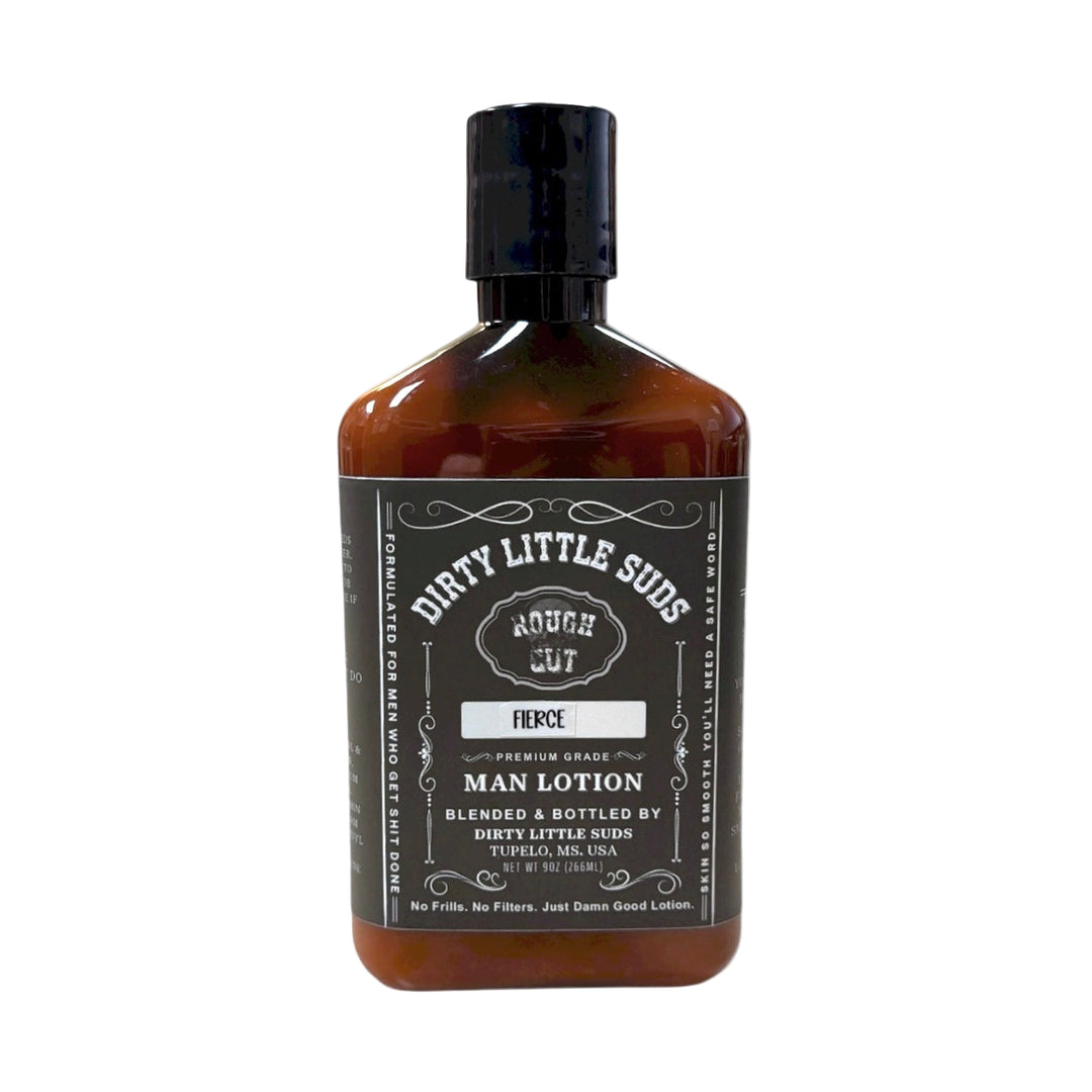 Dirty Little Suds Rough Cut Men’s Lotion in Fierce scent, amber bottle with black label. Fresh, bold, and unapologetically masculine body lotion for men.