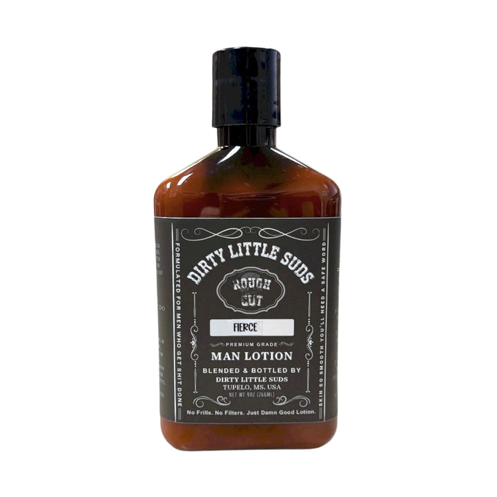 Dirty Little Suds Rough Cut Men’s Lotion in Fierce scent, amber bottle with black label. Fresh, bold, and unapologetically masculine body lotion for men.