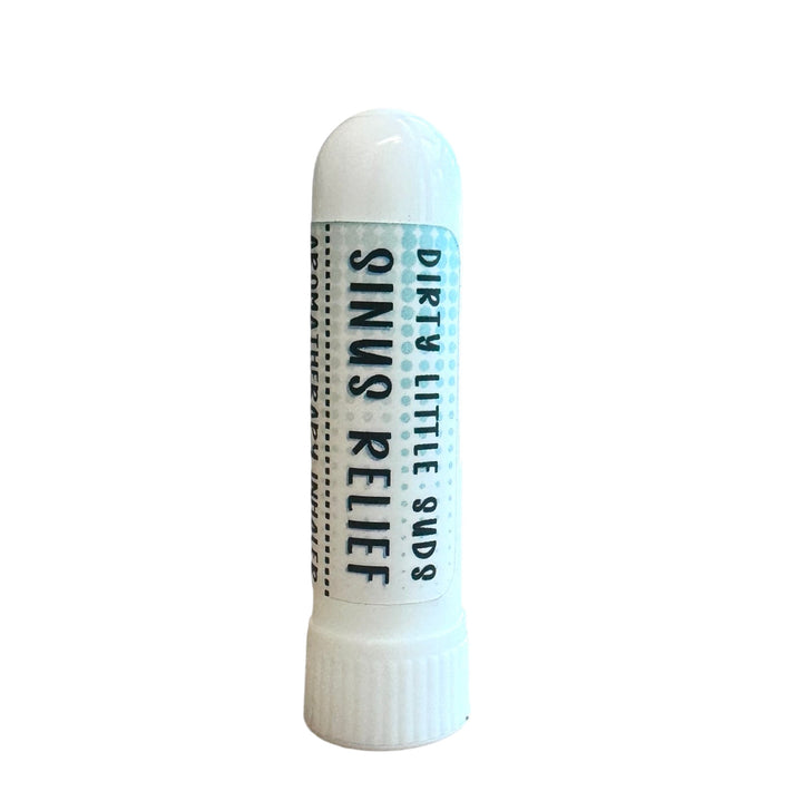 Close-up of Dirty Little Suds Sinus Relief Aromatherapy Inhaler, natural essential oil nasal stick with peppermint, eucalyptus, rosemary, and spearmint oils to support clear breathing.