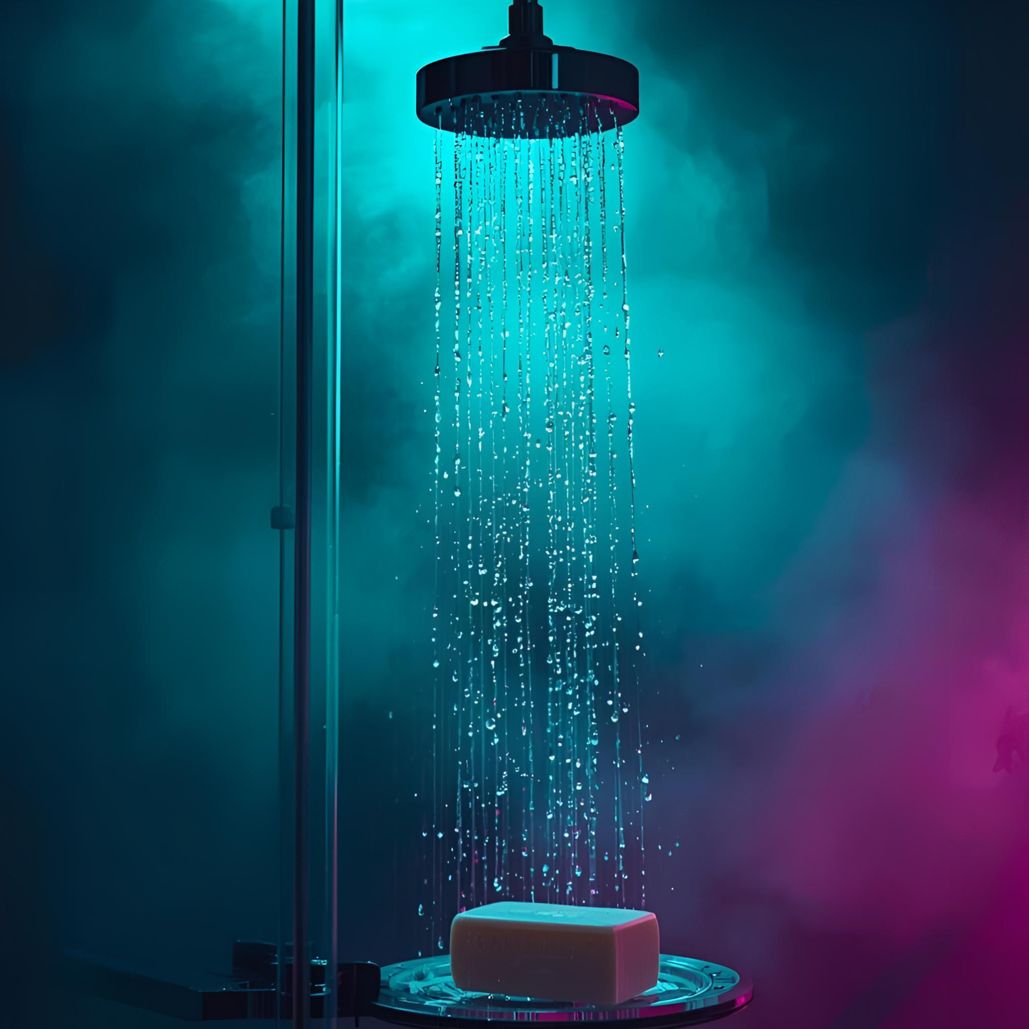 Steamy neon-lit shower with a bar of artisanal soap under running water, promotional hero graphic for Dirty Little Suds 4-for-$28 soap bundle.