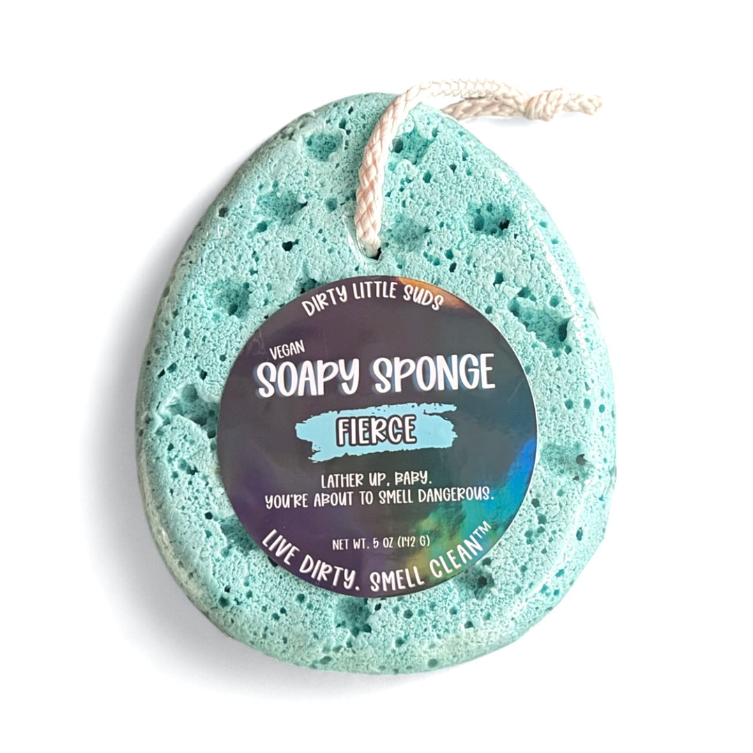 Dirty Little Suds Soapy Sponge in Fierce scent with teal vegan sponge and holographic label – sulfate, paraben, and phthalate free solid soap sponge for men