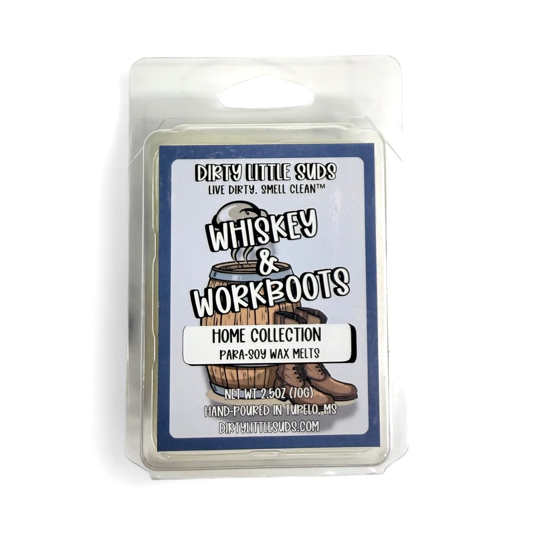 Clamshell pack of Dirty Little Suds Whiskey & Workboots wax melt with a retro-inspired label. A strong, smooth fragrance blending Kentucky bourbon, earthy bay leaf, and spice with a smoky-sweet finish that feels rugged and bold.