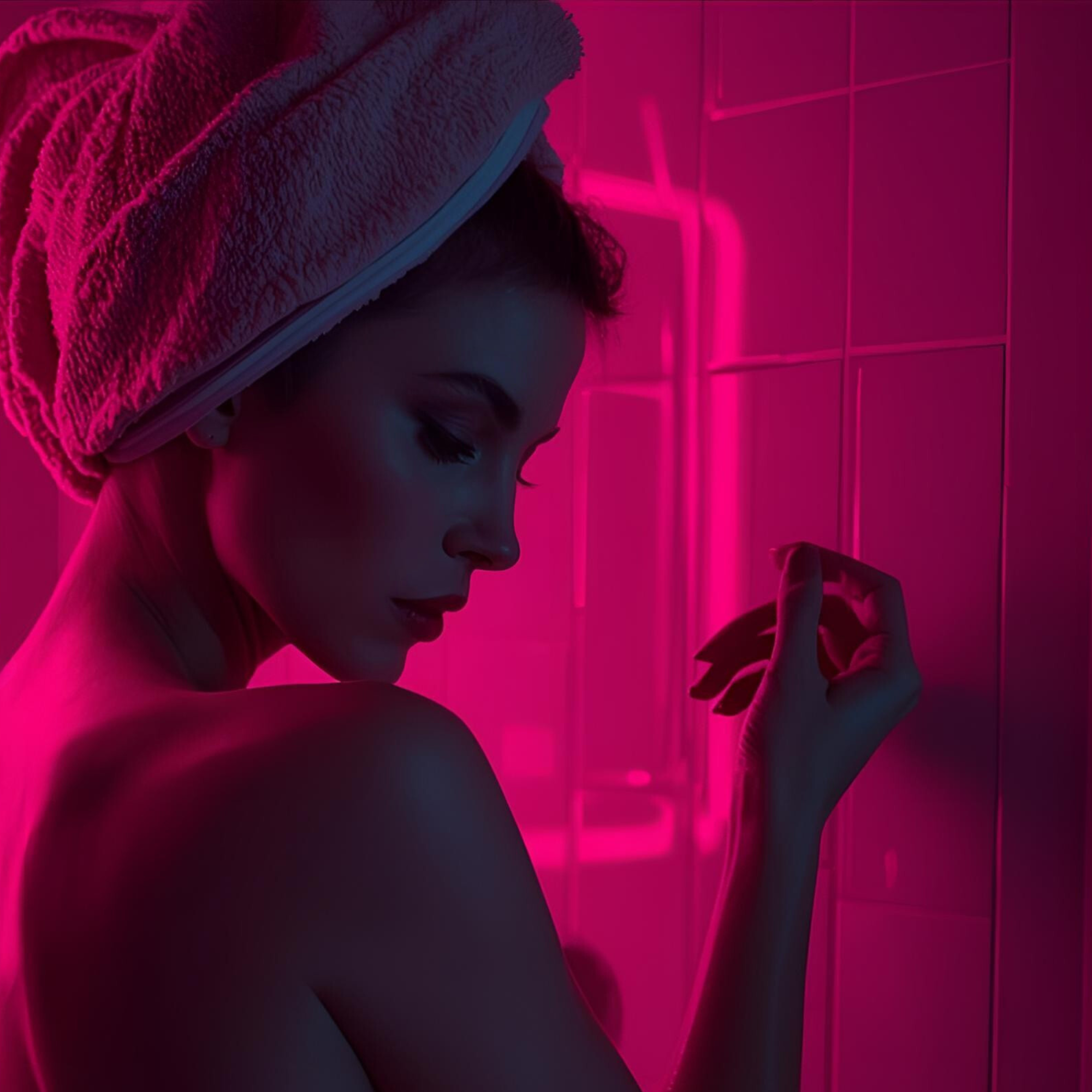 Woman in towel with hair wrap, back turned, lit by hot pink neon glow in a moody bathroom self-care scene.