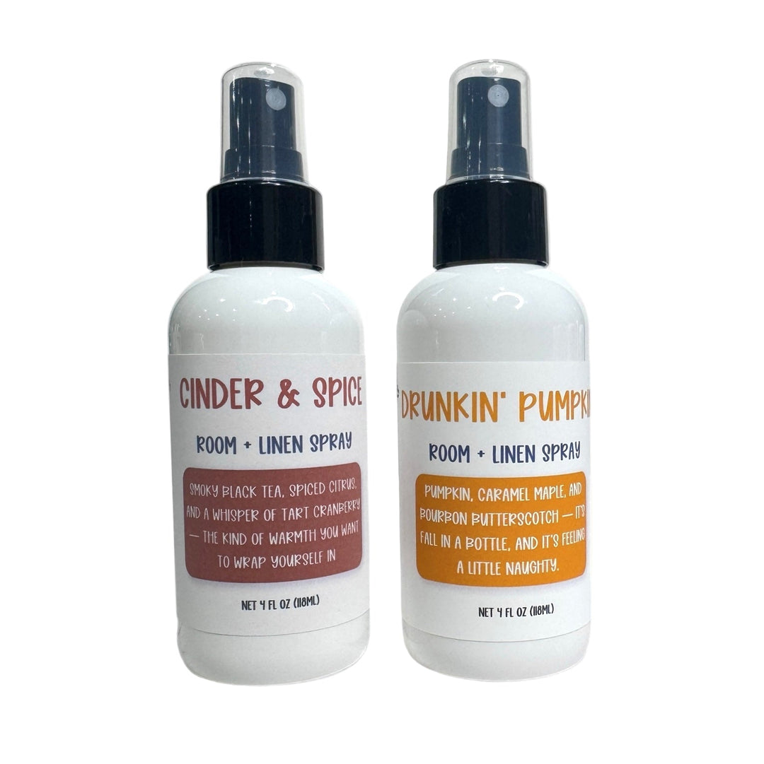 Two fall room sprays from Dirty Little Suds – Cinder & Spice and Drunkin’ Pumpkin – displayed together as part of the limited edition Fall Collection.