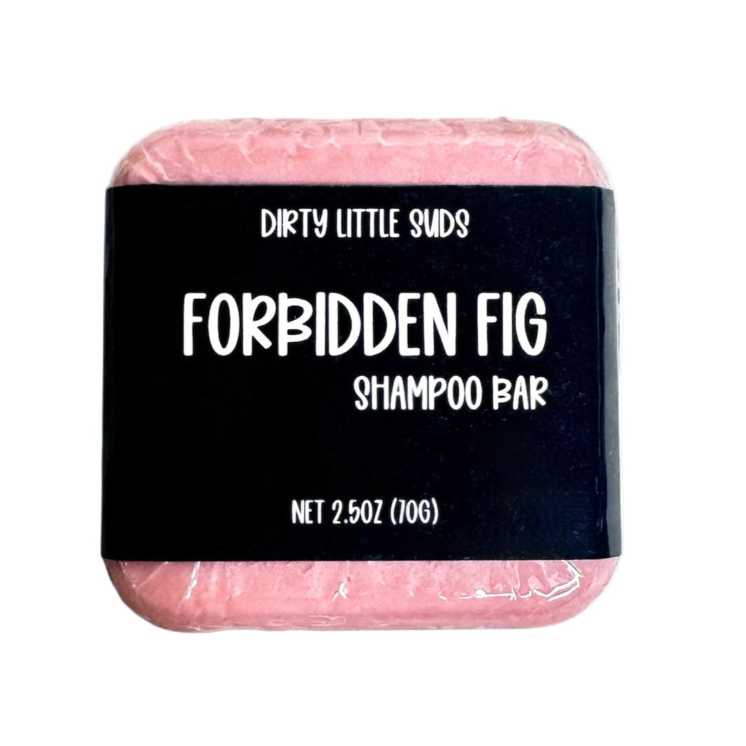Dirty Little Suds Forbidden Fig shampoo bar with black label, shown front-facing on a white background, 2.5 oz size.