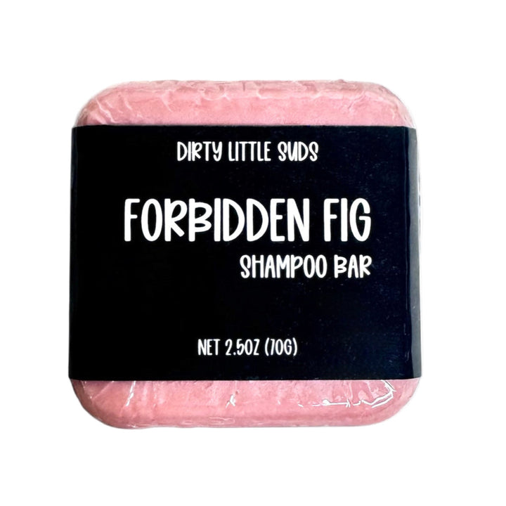 Dirty Little Suds Forbidden Fig shampoo bar with black label, shown front-facing on a white background, 2.5 oz size.