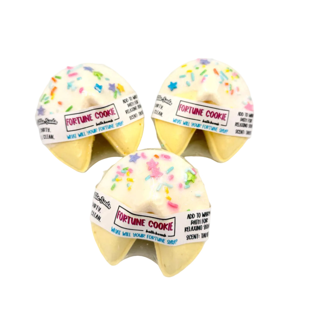 Dirty Little Suds fortune cookie bath bomb with sprinkles and kokum butter icing with hidden message inside