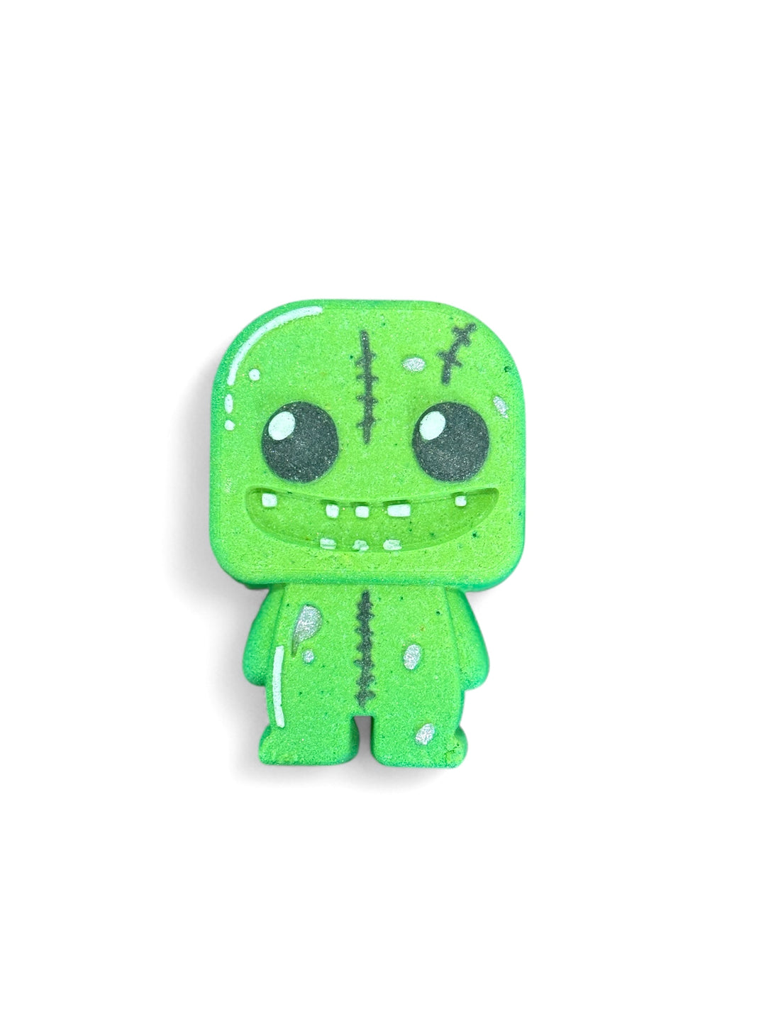 Hand-painted neon green Frankenfizz Halloween bath bomb with black raspberry vanilla scent and hidden color embeds