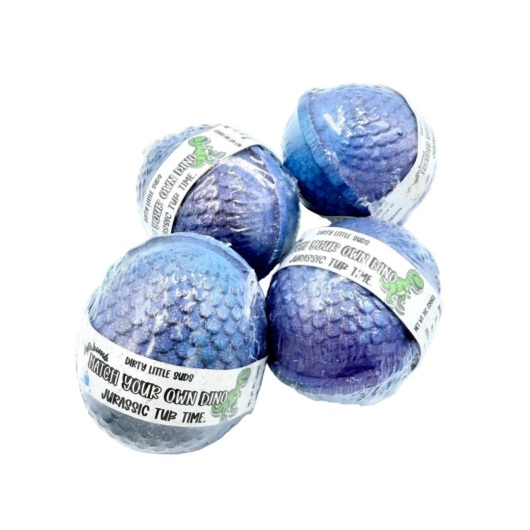 Dirty Little Suds Hatch Your Own Dino bath bomb egg blue purple dinosaur surprise bath bomb for kids