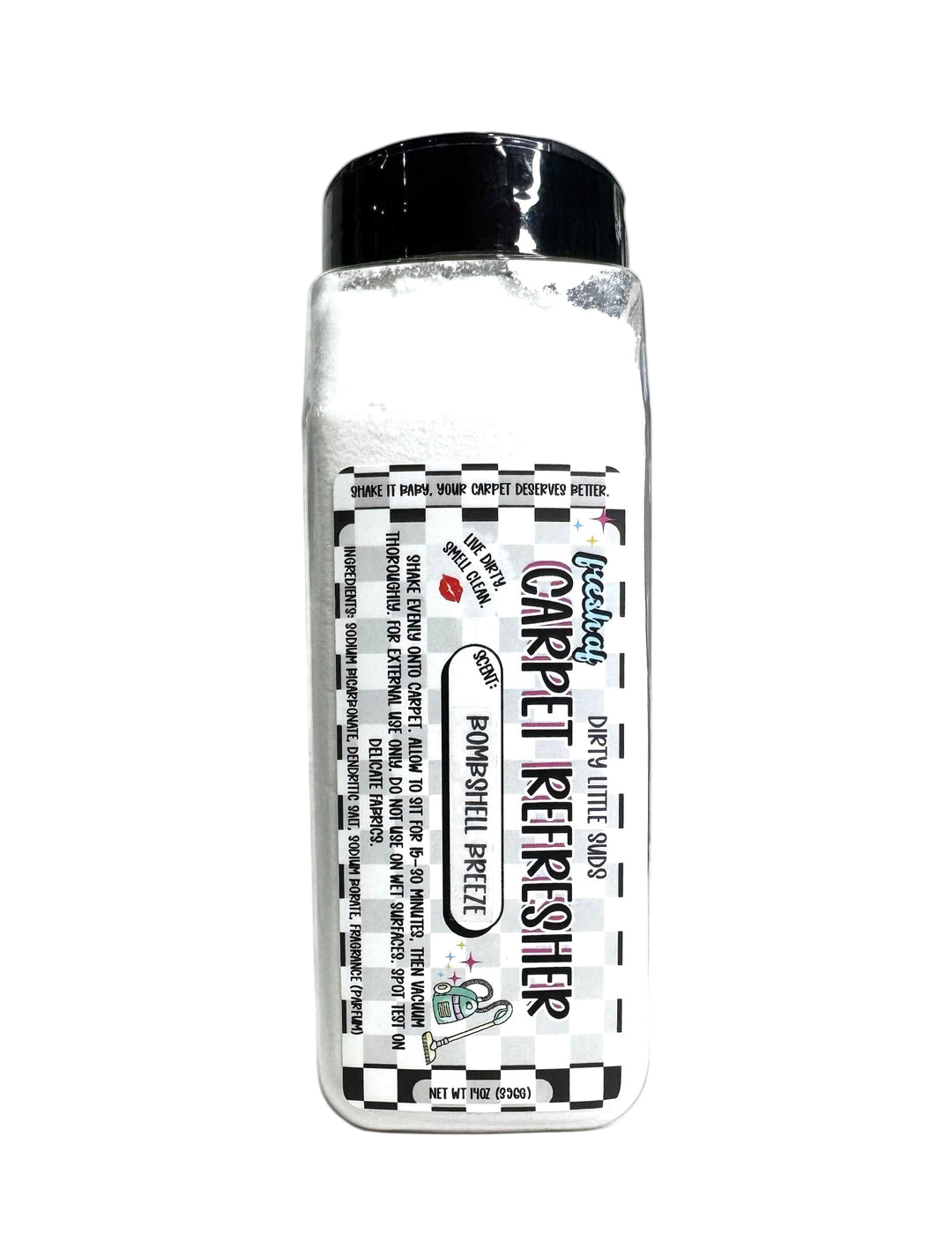 Odor-neutralizing and highly scented carpet refresher powder in Bombshell Breeze scent. Long-lasting fragrance for carpets, rugs, and fabric surfaces.