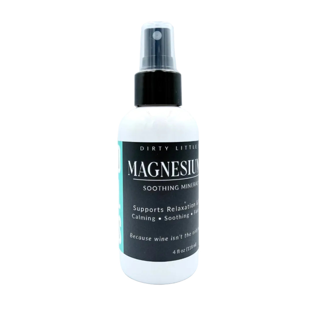 Magnesium Oil Spray in 4oz amber bottle with black spray top by Dirty Little Suds