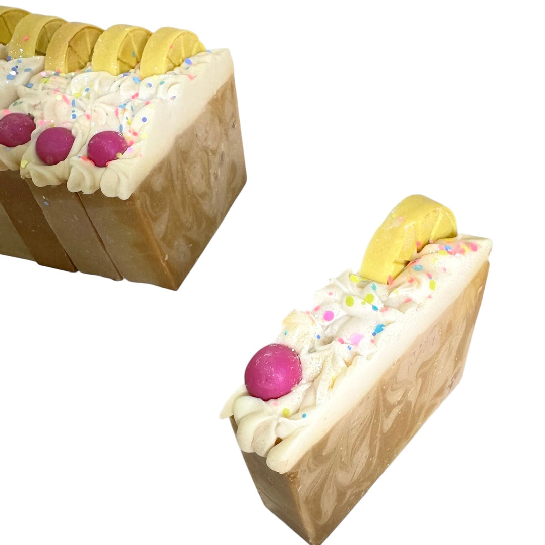 Main Squeeze handmade soap bars with whipped frosting top, colorful sprinkles, and lemon slice embeds