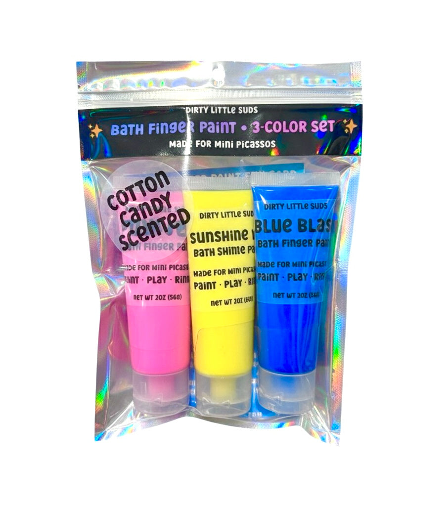Three-color Bath Finger Paint set in a holographic pouch with pink, yellow, and blue tubes labeled Dirty Little Suds | Dirty Little Suds