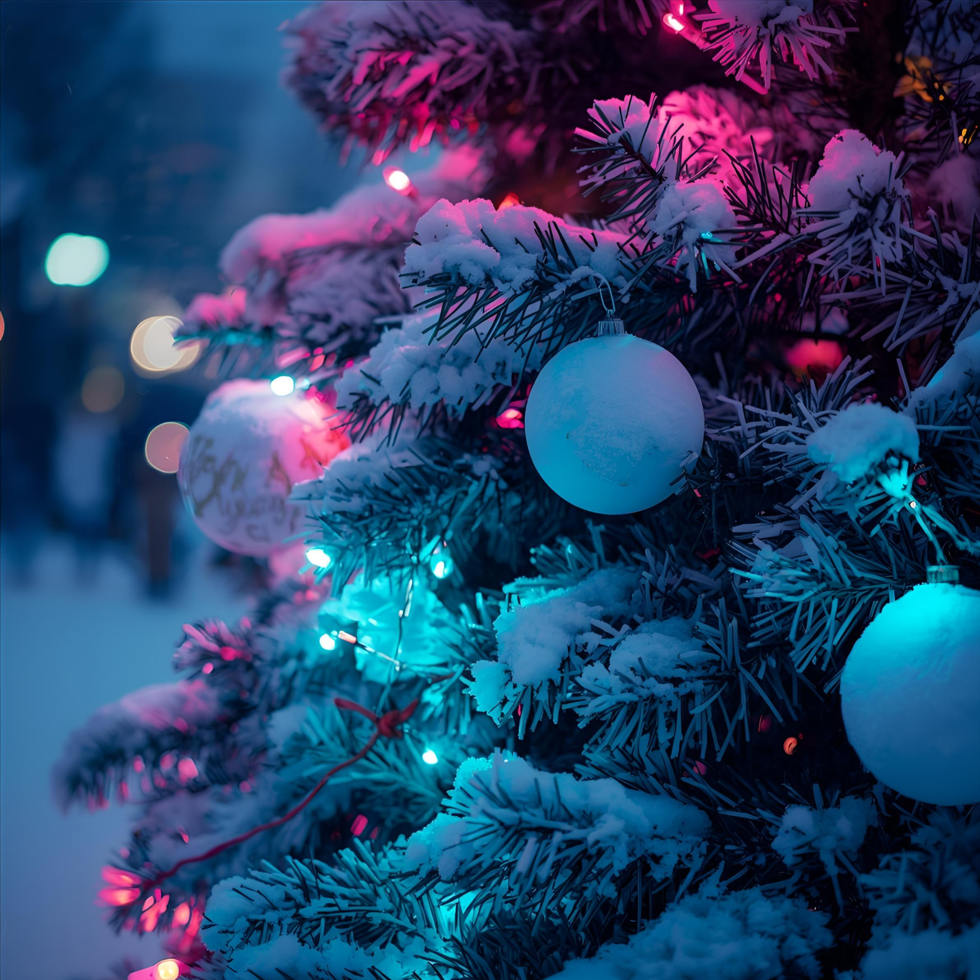 Close-up of a snow-covered Christmas tree decorated with glowing neon pink and teal lights and frosted ornaments, creating a bright modern holiday scene. Dirty Little Suds