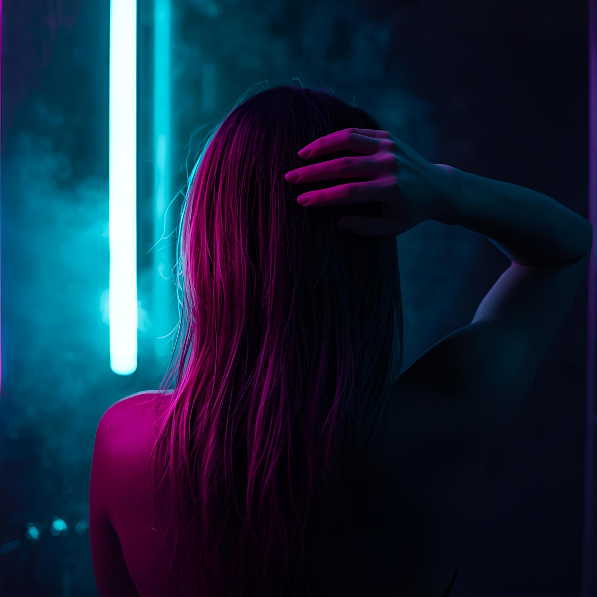 Back-of-head portrait in neon cyan and magenta light with hand in hair; moody bathroom scene.