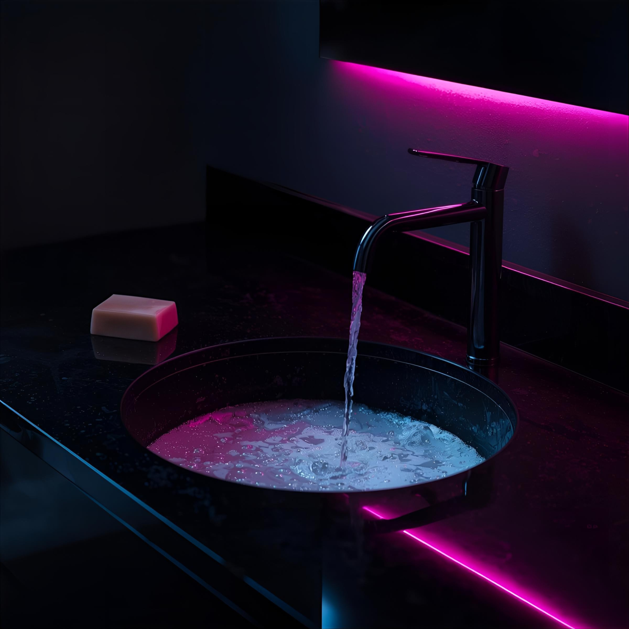 Dark neon bathroom sink with a running faucet filling a black basin, foamy water and bubbles, magenta/cyan lighting, and a bar of soap on the counter.