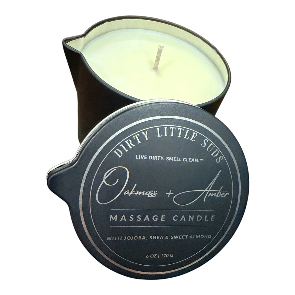 Dirty Little Suds Oakmoss + Amber 6 oz massage candle with pour spout