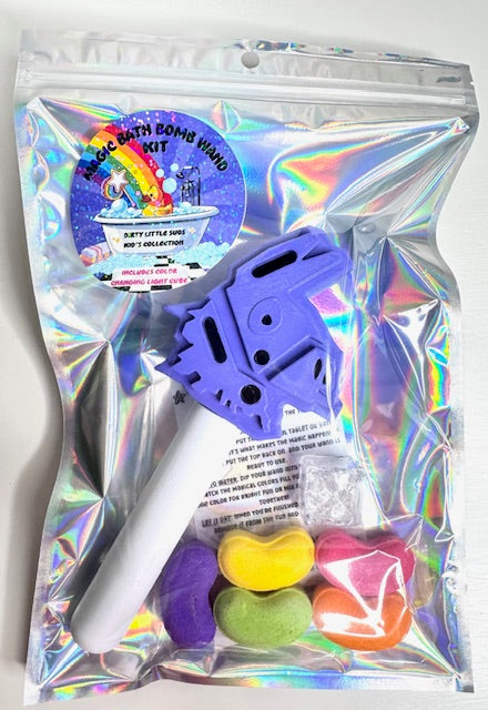 Magic Bath Bomb Wand Kit – Purple Llama Edition in holographic gift bag with purple llama wand, colorful jelly bean bath bombs, and flashing cube.