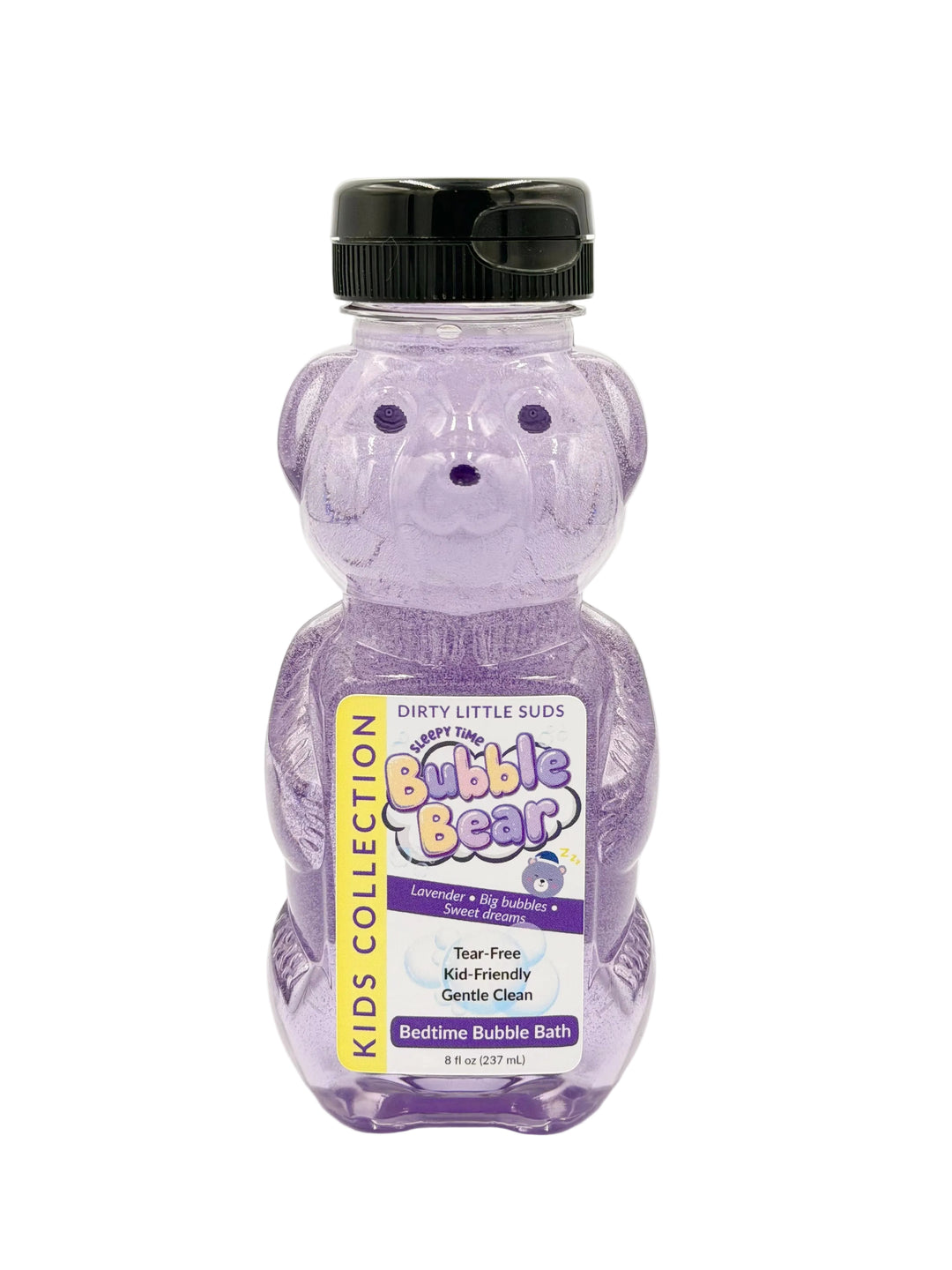 Purple Bubble Bear kids bubble bath bottle filled with lavender bedtime bubble bath from Dirty Little Suds Kids Collection